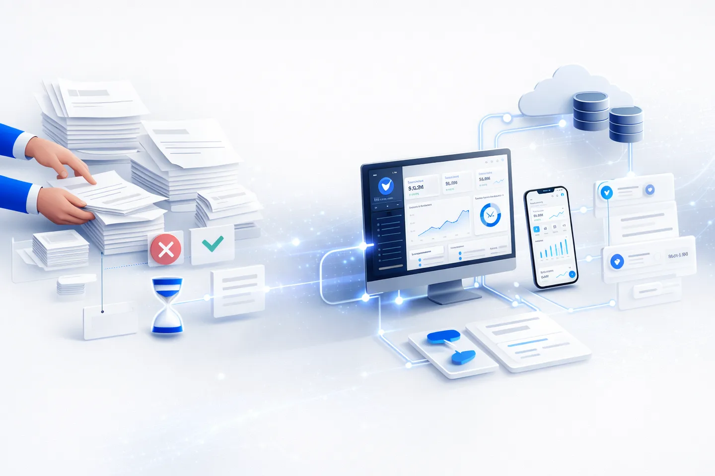 Concept illustration of paperwork connected to digital workflows, shared data and business tools.