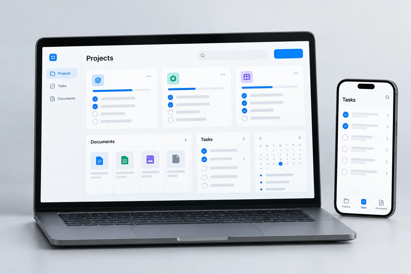 Illustrative client portal on a laptop and phone with project checklists, documents and tasks.