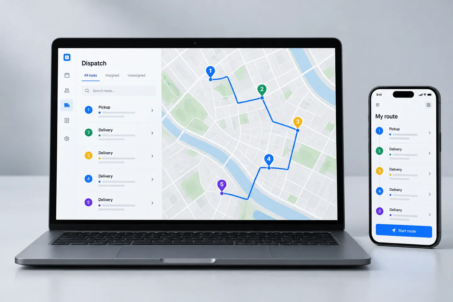 Delivery planning concept with a route map on a laptop and a matching driver task list on a phone.