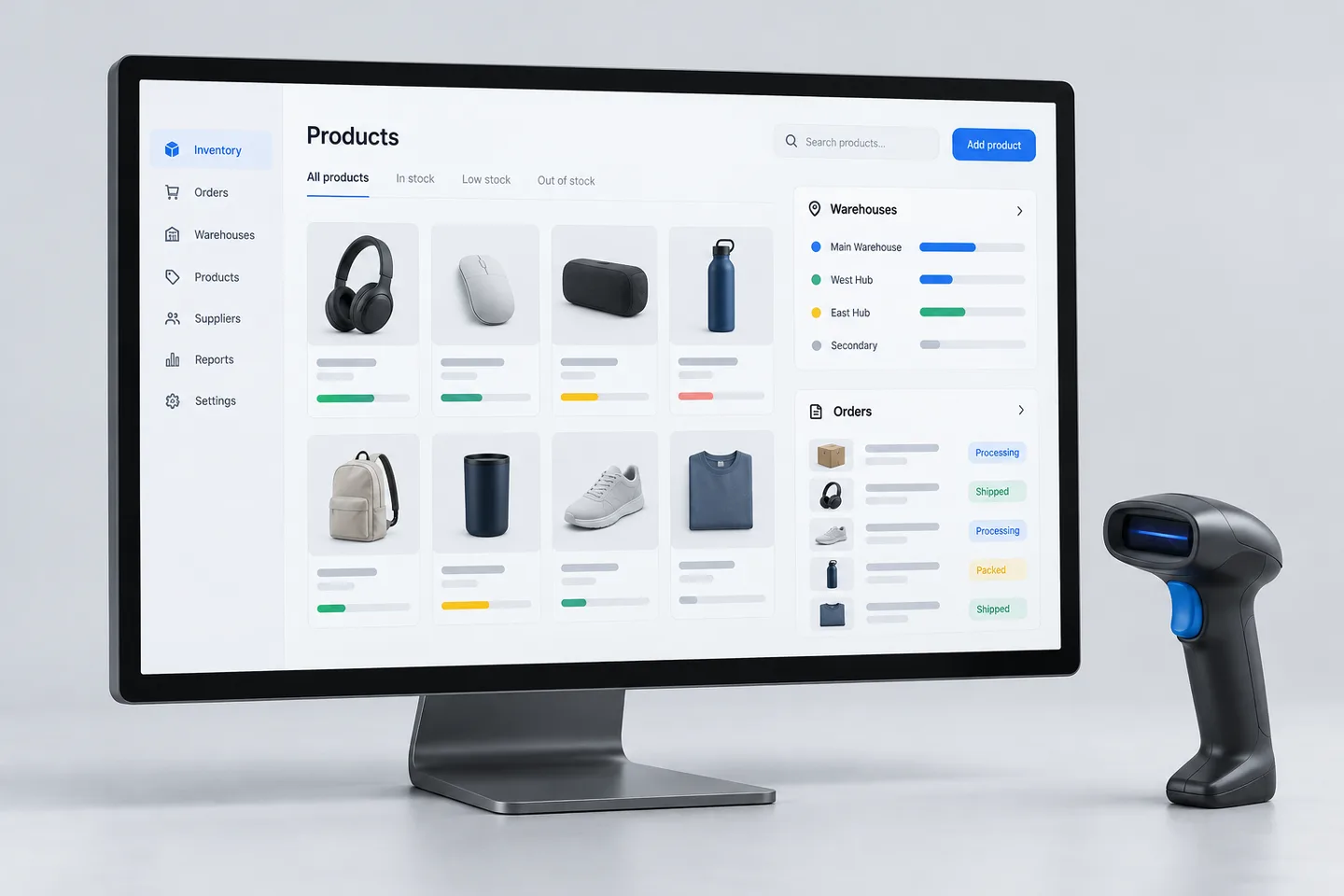 Inventory software concept showing products, warehouse availability and orders beside a barcode scanner.