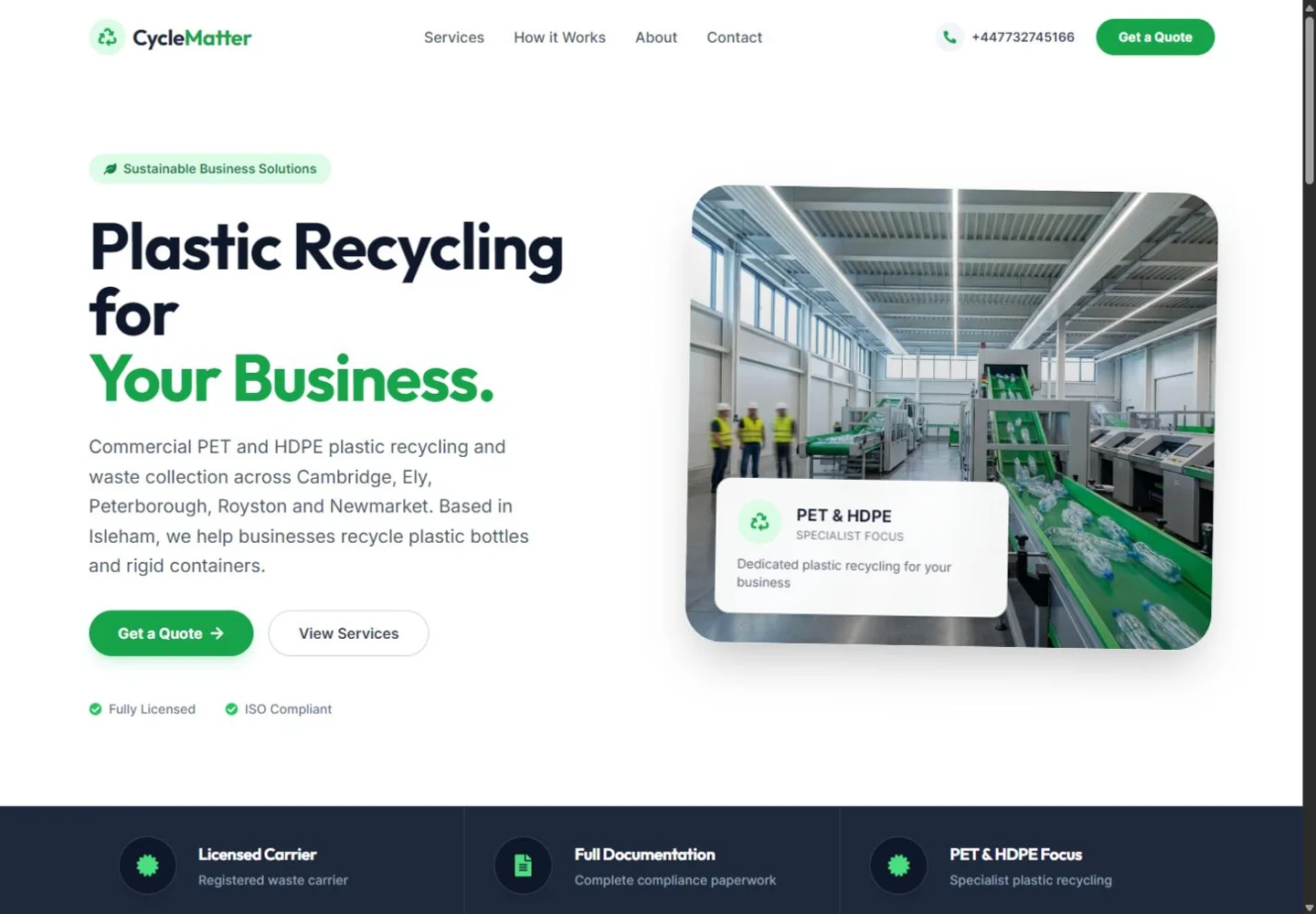 Cycle Matter's live recycling business website, showing service information, enquiry buttons and recycling imagery.