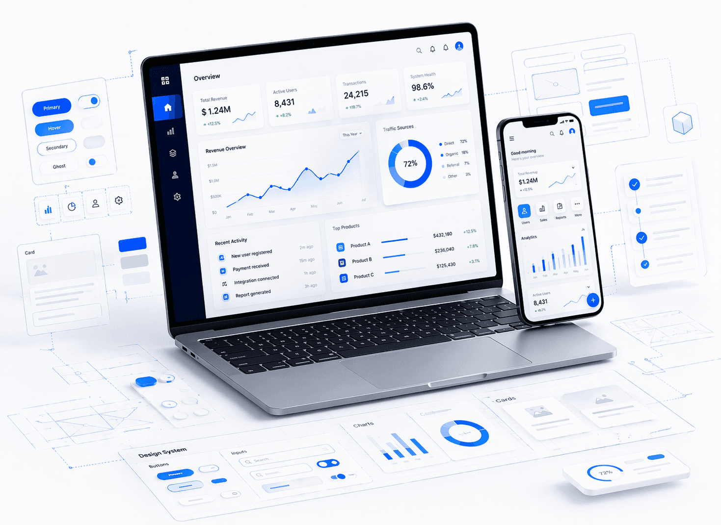 Abstract product design scene showing a business dashboard, mobile interface and planning modules.