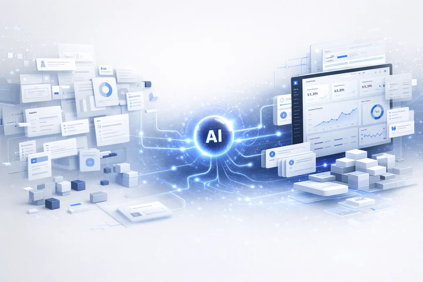 Concept illustration connecting documents and business information through AI to digital tools.